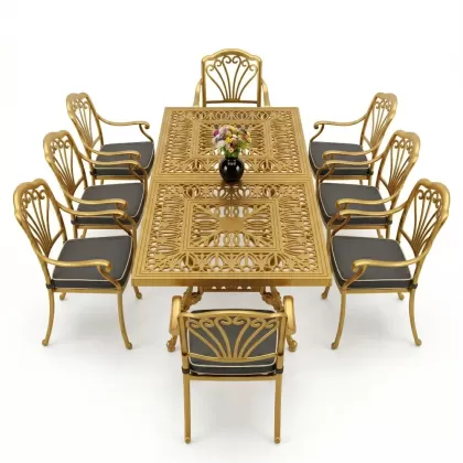 Dikdörtgen Masa E:100 x D:200 x Y:72 cm 8 Kişilik tavuskuşu motif alüminyum döküm masa ve sandalye takımı gold altın