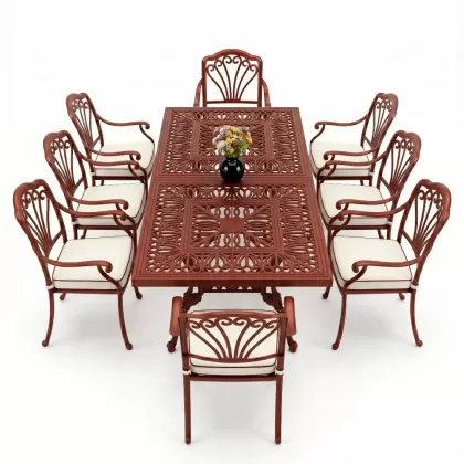 Dikdörtgen Masa E:100 x D:200 x Y:72 cm 8 Kişilik tavuskuşu motif alüminyum döküm masa ve sandalye takımı kırmızı kiremit