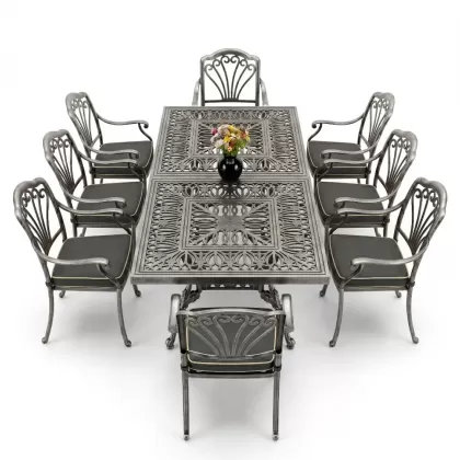 Dikdörtgen Masa E:100 x D:200 x Y:72 cm 8 Kişilik tavuskuşu motif alüminyum döküm masa ve sandalye takımı silver gümüş