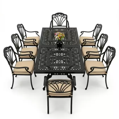 Dikdörtgen Masa E:100 x D:200 x Y:72 cm 8 Kişilik tavuskuşu motif alüminyum döküm masa ve sandalye takımı siyah