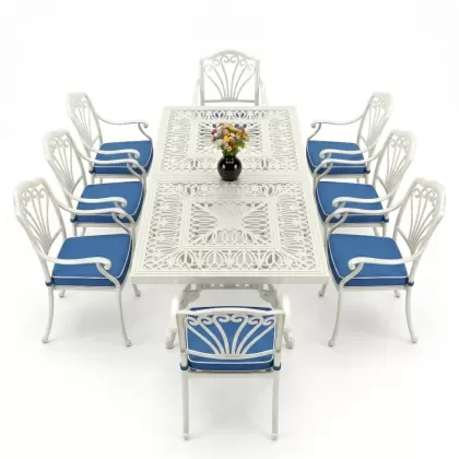 Dikdörtgen Masa E:100 x D:200 x Y:72 cm 8 Kişilik tavuskuşu motif alüminyum döküm masa ve sandalye takımı beyaz