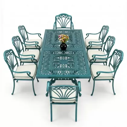 Dikdörtgen Masa E:100 x D:200 x Y:72 cm 8 Kişilik tavuskuşu motif alüminyum döküm masa ve sandalye takımı turkuaz