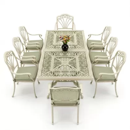 Dikdörtgen Masa E:100 x D:200 x Y:72 cm 8 Kişilik tavuskuşu motif alüminyum döküm masa ve sandalye takımı yeşil beyaz patina