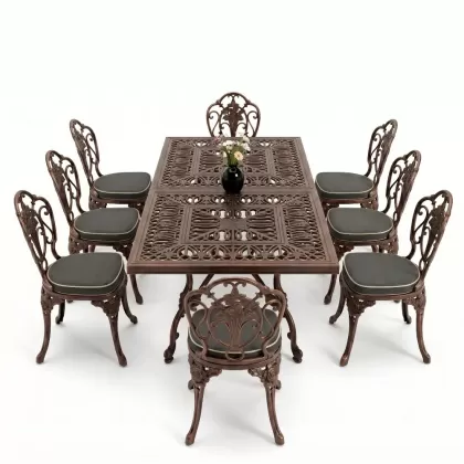 Dikdörtgen Masa E:100 x D:200 x Y:72 cm 8 Kişilik gül motif alüminyum döküm masa ve sandalye takımı bakır eskitme