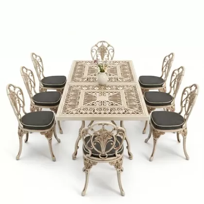 Dikdörtgen Masa E:100 x D:200 x Y:72 cm 8 Kişilik gül motif alüminyum döküm masa ve sandalye takımı beyaz eskitme