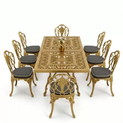 Dikdörtgen Masa E:100 x D:200 x Y:72 cm 8 Kişilik gül motif alüminyum döküm masa ve sandalye takımı gold altın