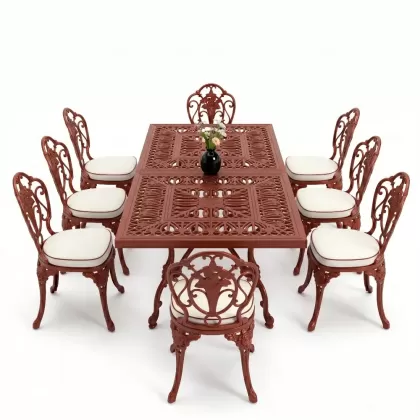 Dikdörtgen Masa E:100 x D:200 x Y:72 cm 8 Kişilik gül motif alüminyum döküm masa ve sandalye takımı kiremit kırmızı