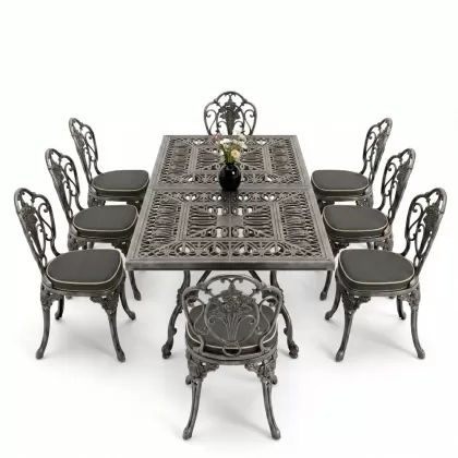 Dikdörtgen Masa E:100 x D:200 x Y:72 cm 8 Kişilik gül motif alüminyum döküm masa ve sandalye takımı silver gümüş
