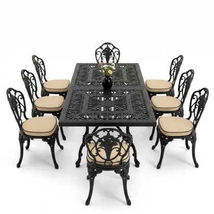 Dikdörtgen Masa E:100 x D:200 x Y:72 cm 8 Kişilik gül motif alüminyum döküm masa ve sandalye takımı siyah