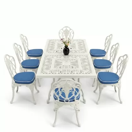 Dikdörtgen Masa E:100 x D:200 x Y:72 cm 8 Kişilik gül motif alüminyum döküm masa ve sandalye takımı beyaz