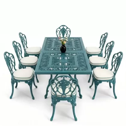 Dikdörtgen Masa E:100 x D:200 x Y:72 cm 8 Kişilik gül motif alüminyum döküm masa ve sandalye takımı turkuaz
