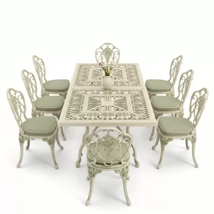 Dikdörtgen Masa E:100 x D:200 x Y:72 cm 8 Kişilik gül motif alüminyum döküm masa ve sandalye takımı yeşil beyaz patina