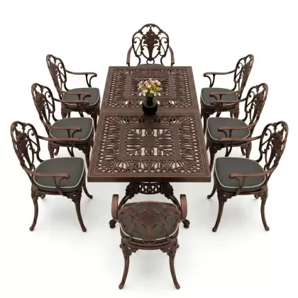 Dikdörtgen Masa E:100 x D:200 x Y:72 cm 8 Kişilik güllü alüminyum döküm masa ve sandalye takımı bakır eskitme