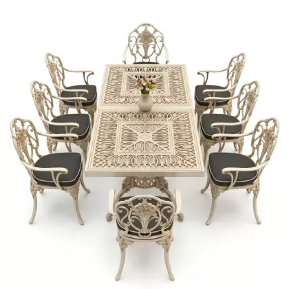 Dikdörtgen Masa E:100 x D:200 x Y:72 cm 8 Kişilik güllü alüminyum döküm masa ve sandalye takımı beyaz eskitme