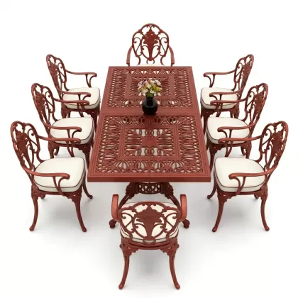 Dikdörtgen Masa E:100 x D:200 x Y:72 cm 8 Kişilik güllü alüminyum döküm masa ve sandalye takımı kırmızı kiremit