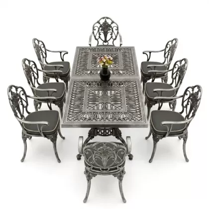 Dikdörtgen Masa E:100 x D:200 x Y:72 cm 8 Kişilik güllü alüminyum döküm masa ve sandalye takımı silver gümüş