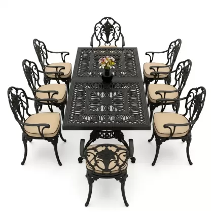 Dikdörtgen Masa E:100 x D:200 x Y:72 cm 8 Kişilik güllü alüminyum döküm masa ve sandalye takımı siyah