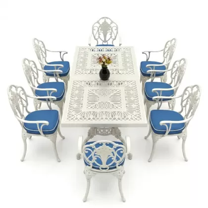 Dikdörtgen Masa E:100 x D:200 x Y:72 cm 8 Kişilik güllü alüminyum döküm masa ve sandalye takımı beyaz