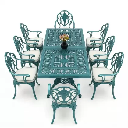 Dikdörtgen Masa E:100 x D:200 x Y:72 cm 8 Kişilik güllü alüminyum döküm masa ve sandalye takımı turkuaz