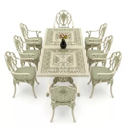 Dikdörtgen Masa E:100 x D:200 x Y:72 cm 8 Kişilik güllü alüminyum döküm masa ve sandalye takımı yeşil beyaz patina