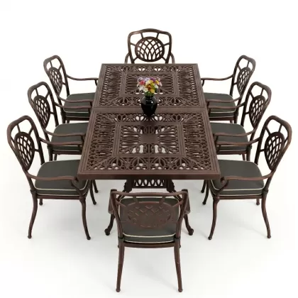 Dikdörtgen Masa E100 x D:200 x Y:72 cm 8 Kişilik ay motifli alüminyum döküm masa ve sandalye takımı bakır eskitme