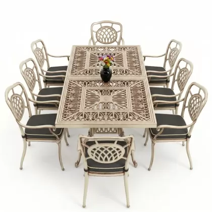 Dikdörtgen Masa E100 x D:200 x Y:72 cm 8 Kişilik ay motifli alüminyum döküm masa ve sandalye takımı beyaz eskitme