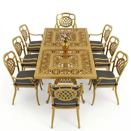 Dikdörtgen Masa E100 x D:200 x Y:72 cm 8 Kişilik ay motifli alüminyum döküm masa ve sandalye takımı gold altın