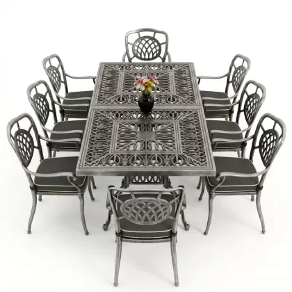 Dikdörtgen Masa E100 x D:200 x Y:72 cm 8 Kişilik ay motifli alüminyum döküm masa ve sandalye takımı silver gümüş