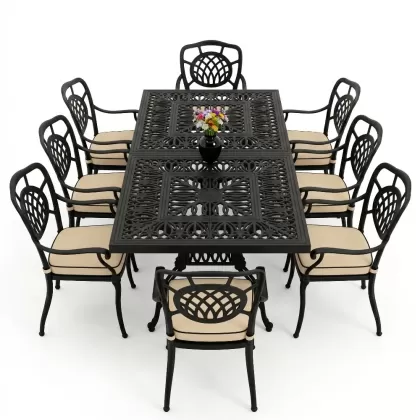 Dikdörtgen Masa E100 x D:200 x Y:72 cm 8 Kişilik ay motifli alüminyum döküm masa ve sandalye takımı siyah