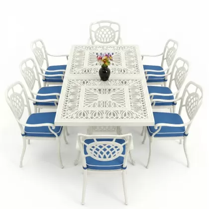 Dikdörtgen Masa E100 x D:200 x Y:72 cm 8 Kişilik ay motifli alüminyum döküm masa ve sandalye takımı beyaz