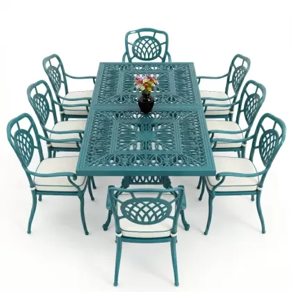 Dikdörtgen Masa E100 x D:200 x Y:72 cm 8 Kişilik ay motifli alüminyum döküm masa ve sandalye takımı turkuaz