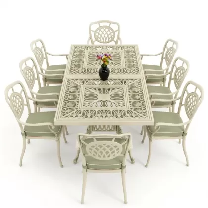 Dikdörtgen Masa E100 x D:200 x Y:72 cm 8 Kişilik ay motifli alüminyum döküm masa ve sandalye takımı yeşil beyaz patina