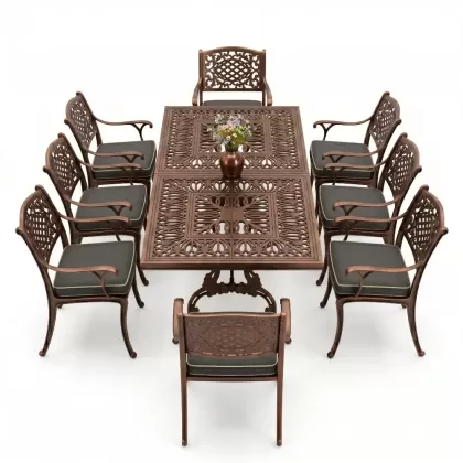 Dikdörtgen Masa E:100 x D:200 x Y:72 cm 8 Kişilik güneş motifli alüminyum döküm masa ve sandalye takımı bakır eskitme