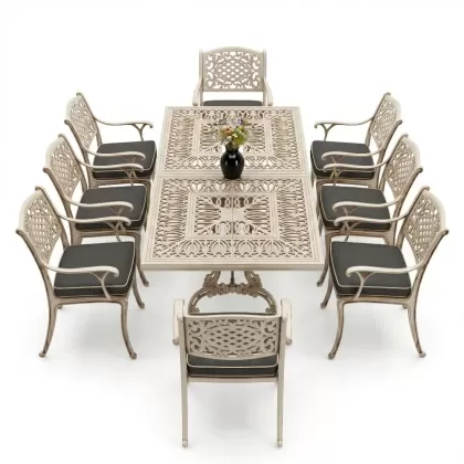 Dikdörtgen Masa E:100 x D:200 x Y:72 cm 8 Kişilik güneş motifli alüminyum döküm masa ve sandalye takımı beyaz eskitme