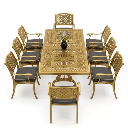 Dikdörtgen Masa E:100 x D:200 x Y:72 cm 8 Kişilik güneş motifli alüminyum döküm masa ve sandalye takımı altın gold