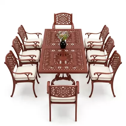 Dikdörtgen Masa E:100 x D:200 x Y:72 cm 8 Kişilik güneş motifli alüminyum döküm masa ve sandalye takımı kiremit kırmızı