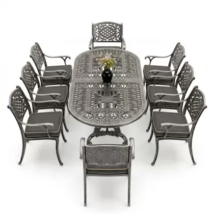 Dikdörtgen Masa E:100 x D:200 x Y:72 cm 8 Kişilik güneş motifli alüminyum döküm masa ve sandalye takımı silver gümüş