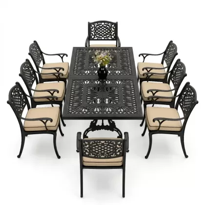 Dikdörtgen Masa E:100 x D:200 x Y:72 cm 8 Kişilik güneş motifli alüminyum döküm masa ve sandalye takımı siyah