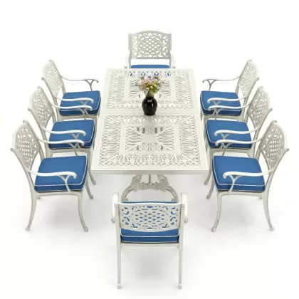 Dikdörtgen Masa E:100 x D:200 x Y:72 cm 8 Kişilik güneş motifli alüminyum döküm masa ve sandalye takımı beyaz