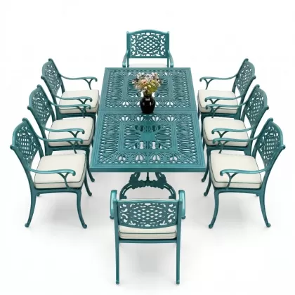 Dikdörtgen Masa E:100 x D:200 x Y:72 cm 8 Kişilik güneş motifli alüminyum döküm masa ve sandalye takımı turkuaz