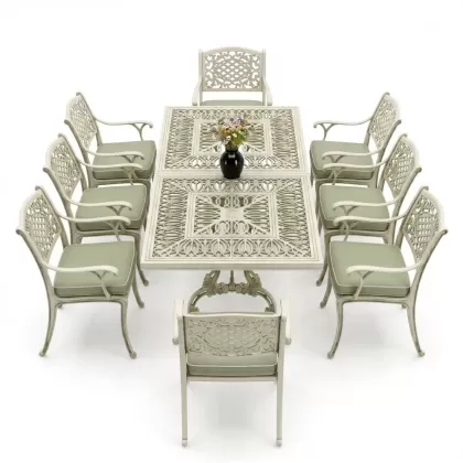 Dikdörtgen Masa E:100 x D:200 x Y:72 cm 8 Kişilik güneş motifli alüminyum döküm masa ve sandalye takımı beyaz yeşil patina