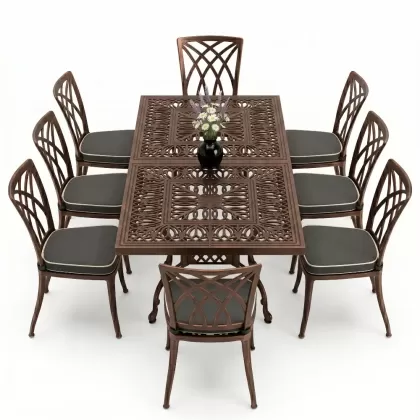 Dikdörtgen Masa E:100 x D:200 x Y:72 cm 8 Kişilik modern kolsuz alüminyum döküm masa ve sandalye takımı bakır eskitme