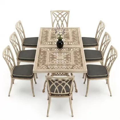 Dikdörtgen Masa E:100 x D:200 x Y:72 cm 8 Kişilik modern kolsuz alüminyum döküm masa ve sandalye takımı beyaz eskitme