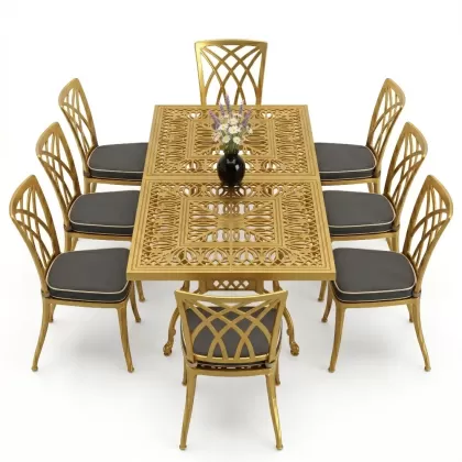 Dikdörtgen Masa E:100 x D:200 x Y:72 cm 8 Kişilik modern kolsuz alüminyum döküm masa ve sandalye takımı gold altın
