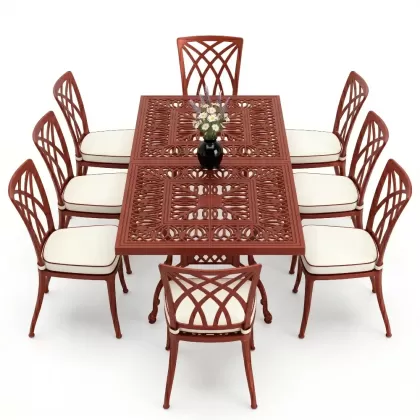 Dikdörtgen Masa E:100 x D:200 x Y:72 cm 8 Kişilik modern kolsuz alüminyum döküm masa ve sandalye takımı kırmızı kiremit