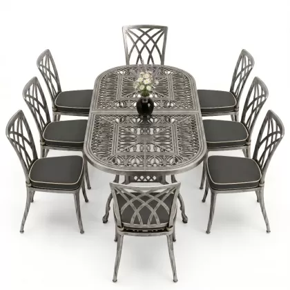 Dikdörtgen Masa E:100 x D:200 x Y:72 cm 8 Kişilik modern kolsuz alüminyum döküm masa ve sandalye takımı gümüş silver