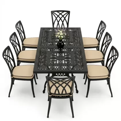 Dikdörtgen Masa E:100 x D:200 x Y:72 cm 8 Kişilik modern kolsuz alüminyum döküm masa ve sandalye takımı siyah