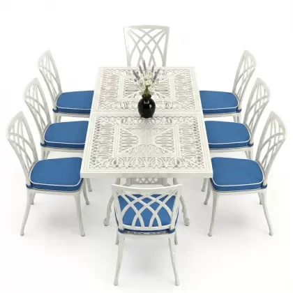 Dikdörtgen Masa E:100 x D:200 x Y:72 cm 8 Kişilik modern kolsuz alüminyum döküm masa ve sandalye takımı beyaz