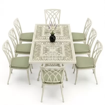 Dikdörtgen Masa E:100 x D:200 x Y:72 cm 8 Kişilik modern kolsuz alüminyum döküm masa ve sandalye takımı yeşil beyaz patina