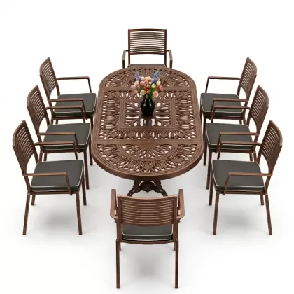 Oval Masa E:100 x D:200 x Y:72 cm 8 Kişilik modern alüminyum döküm masa ve sandalye takımı bakır eskitme